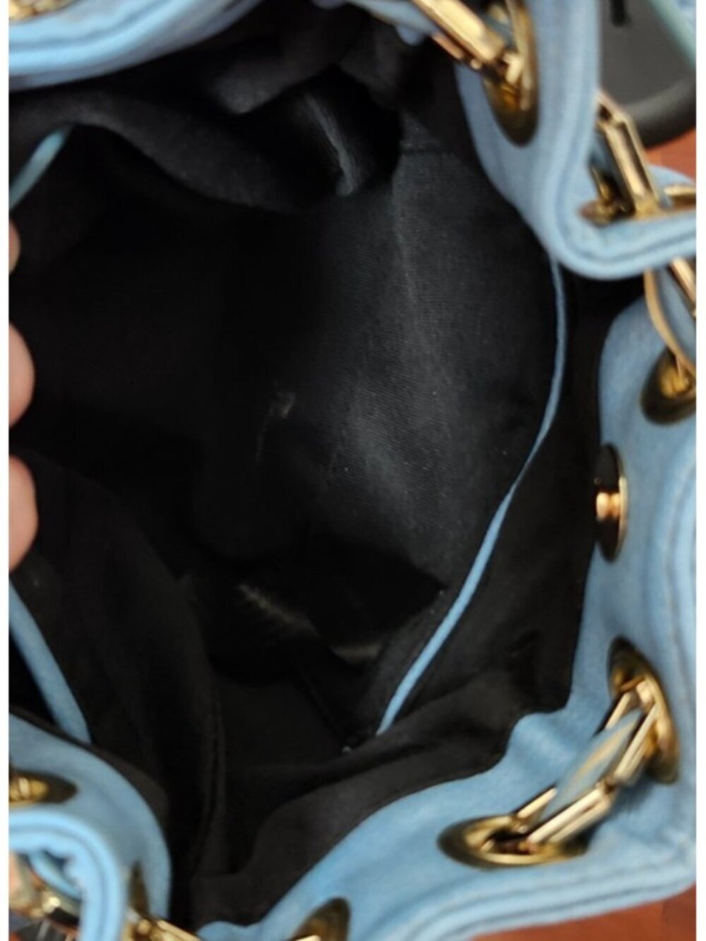 Free People Blue Faux Leather Mini Bucket Bag Gold Chain Drawstring Crossbody - Picture 10 of 14